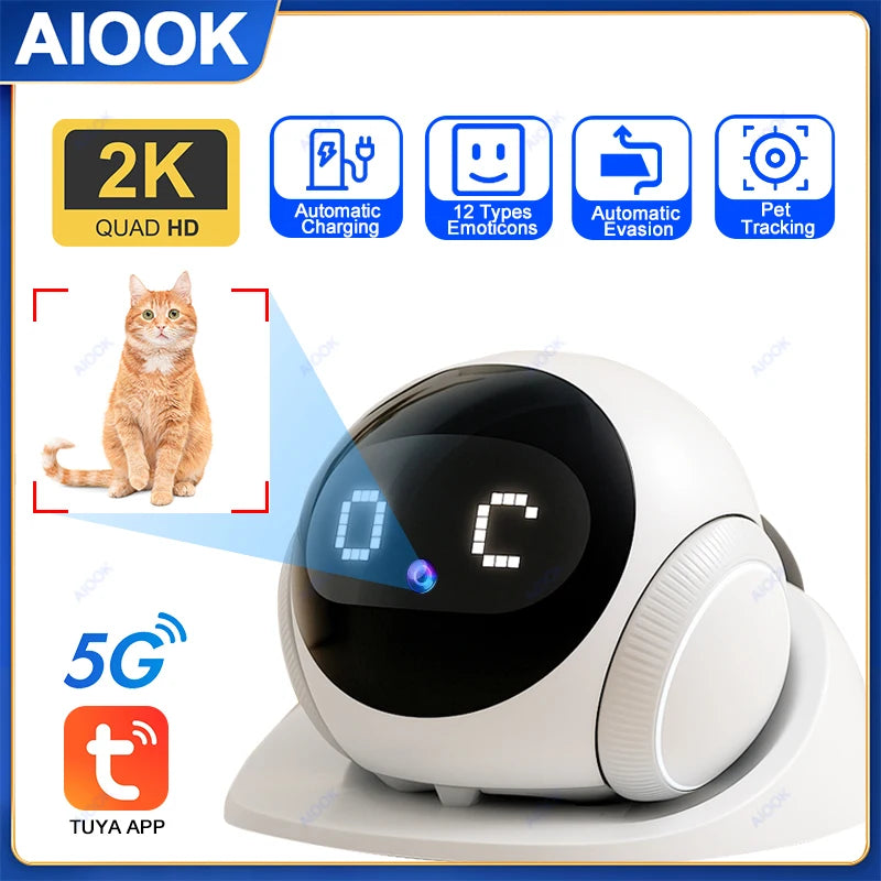AIOOK 2K HD Robot Camera with Automatic Charging, 5G WiFi, Night Vision, Mobile Pet Tracking & Remote View via TUYA App